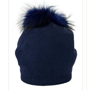 Lemonwood Cashmere Blend Hat with Fur Pom in Navy